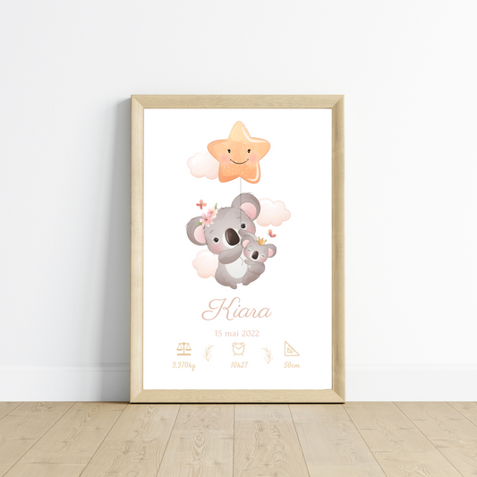 Affiche de naissance koala - Cadeau de naissance personnalisé