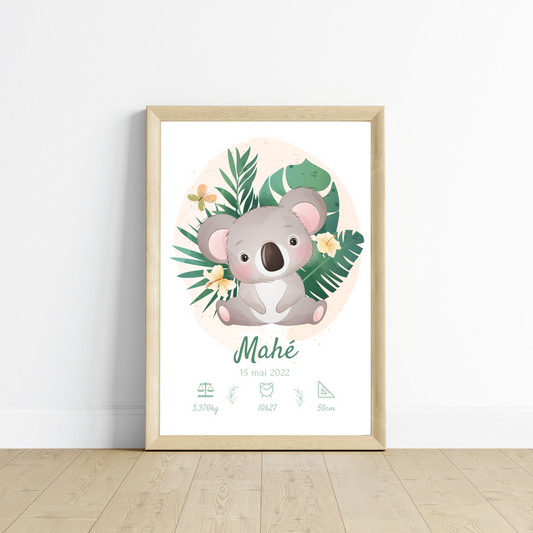 Affiche de naissance koala tropical - Cadeau de naissance personnalisé