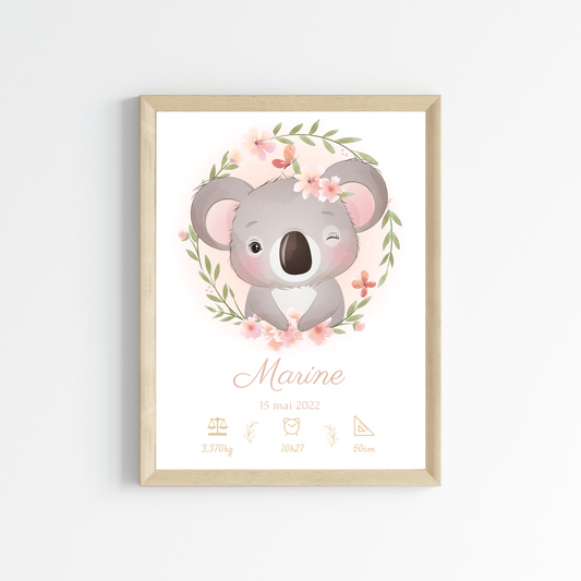 Affiche de naissance koala - Cadeau de naissance personnalisé