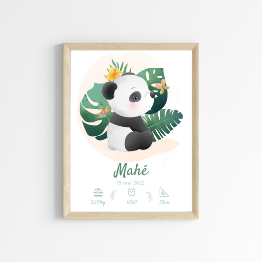 Affiche de naissance panda - Cadeau de naissance personnalisé