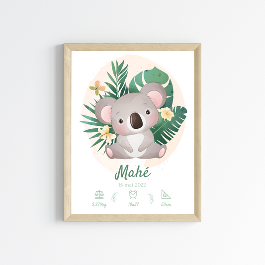 Affiche de naissance koala tropical - Cadeau de naissance personnalisé