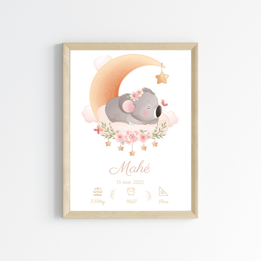 Affiche de naissance koala - Cadeau de naissance personnalisé