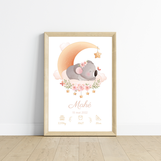 Affiche de naissance koala - Cadeau de naissance personnalisé