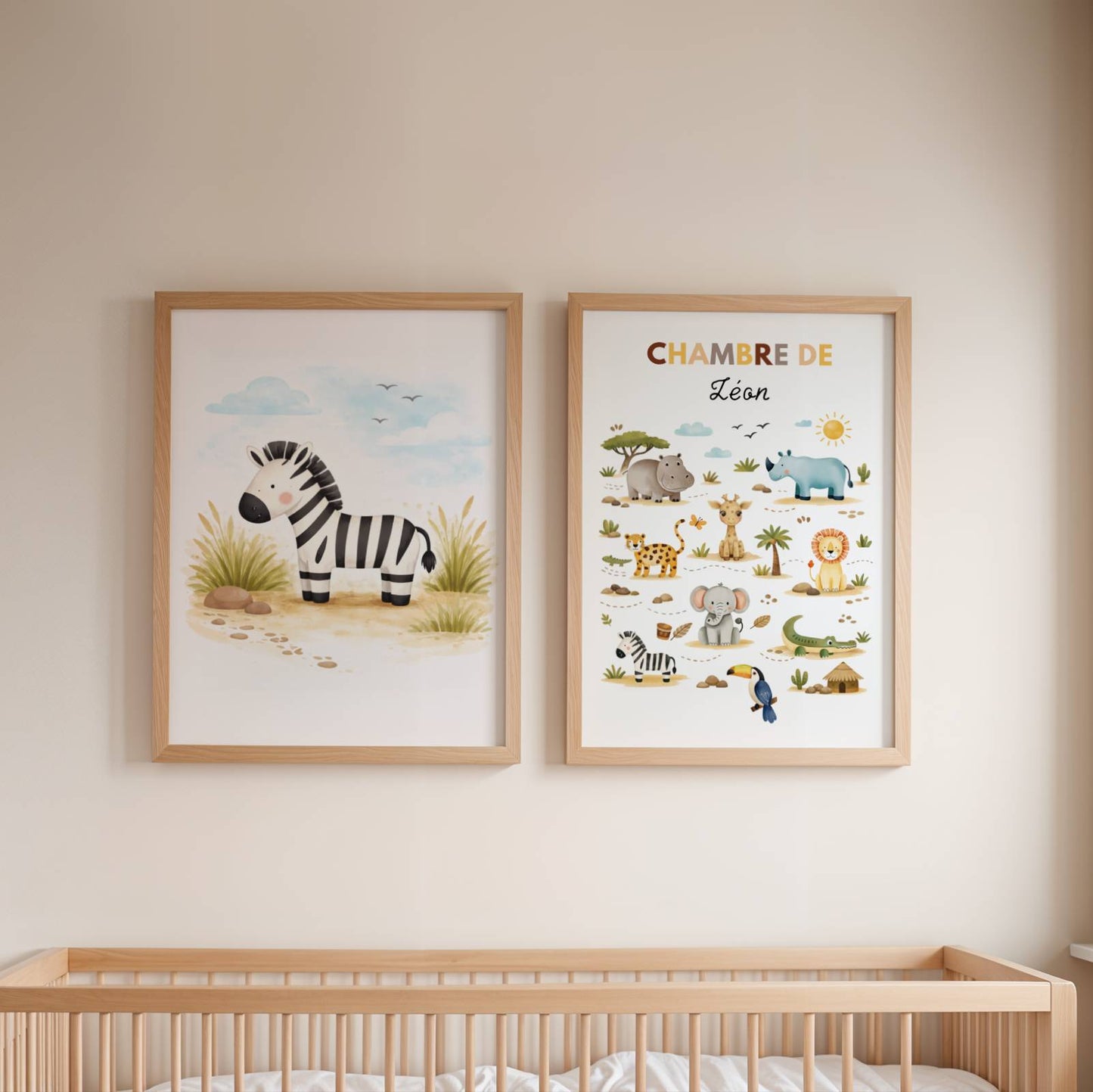 Créez un univers sauvage et poétique avec ce trio d'affiches "Savane" entièrement personnalisable pour la chambre de votre enfant.