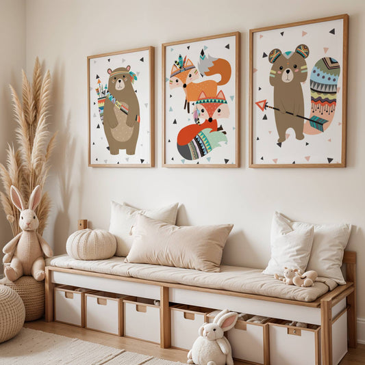 Lot 3 Affiches Chambre Enfant Animaux Tribal Forêt Jungle Savane – Galerie Murale Personnalisée Prénom Cadeau Naissance