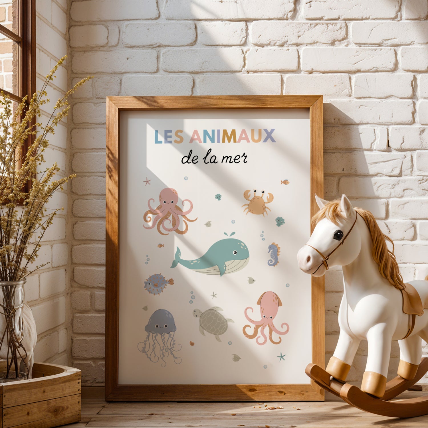 Trio d’affiches personnalisées thème océan pour chambre bébé avec baleine, pieuvre et animaux marins à l’aquarelle
