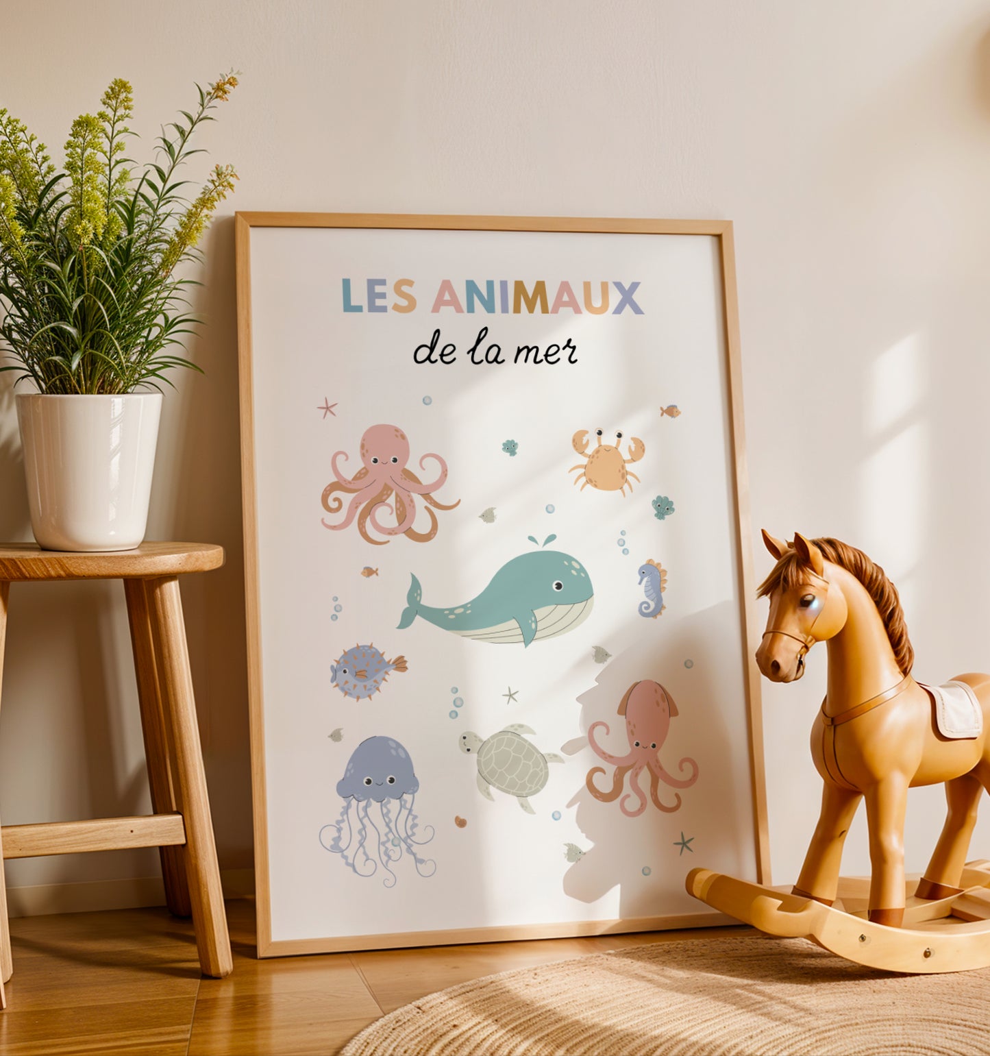 Trio d’affiches personnalisées thème océan pour chambre bébé avec baleine, pieuvre et animaux marins à l’aquarelle
