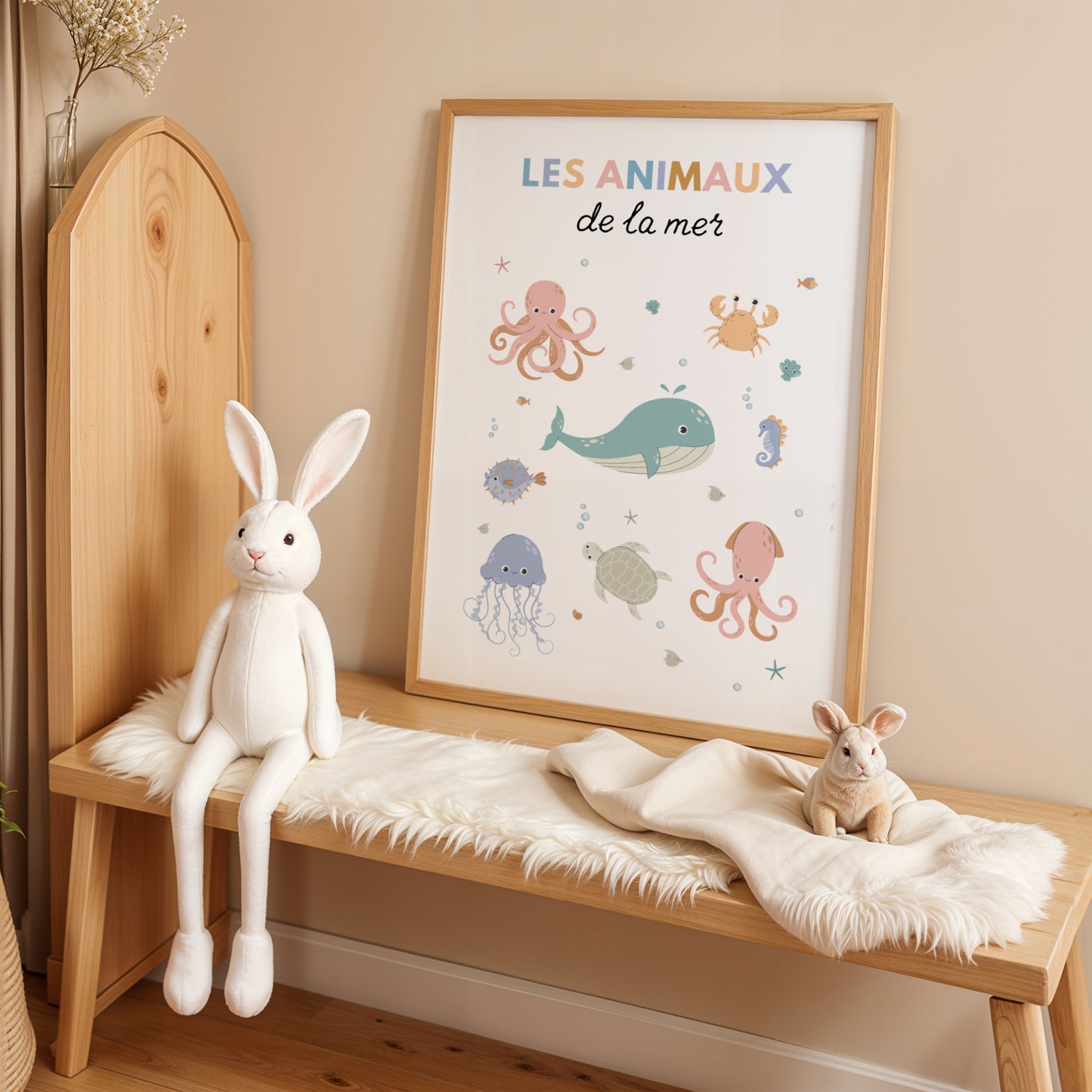 Trio d’affiches personnalisées thème océan pour chambre bébé avec baleine, pieuvre et animaux marins à l’aquarelle