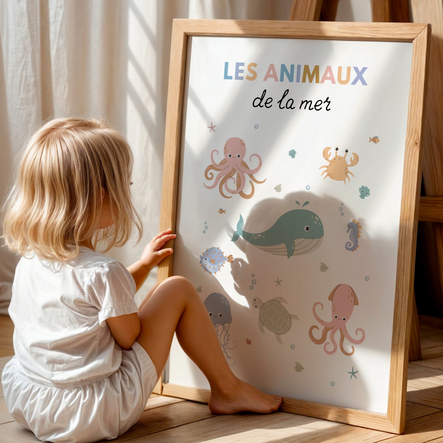 Trio d’affiches personnalisées thème océan pour chambre bébé avec baleine, pieuvre et animaux marins à l’aquarelle