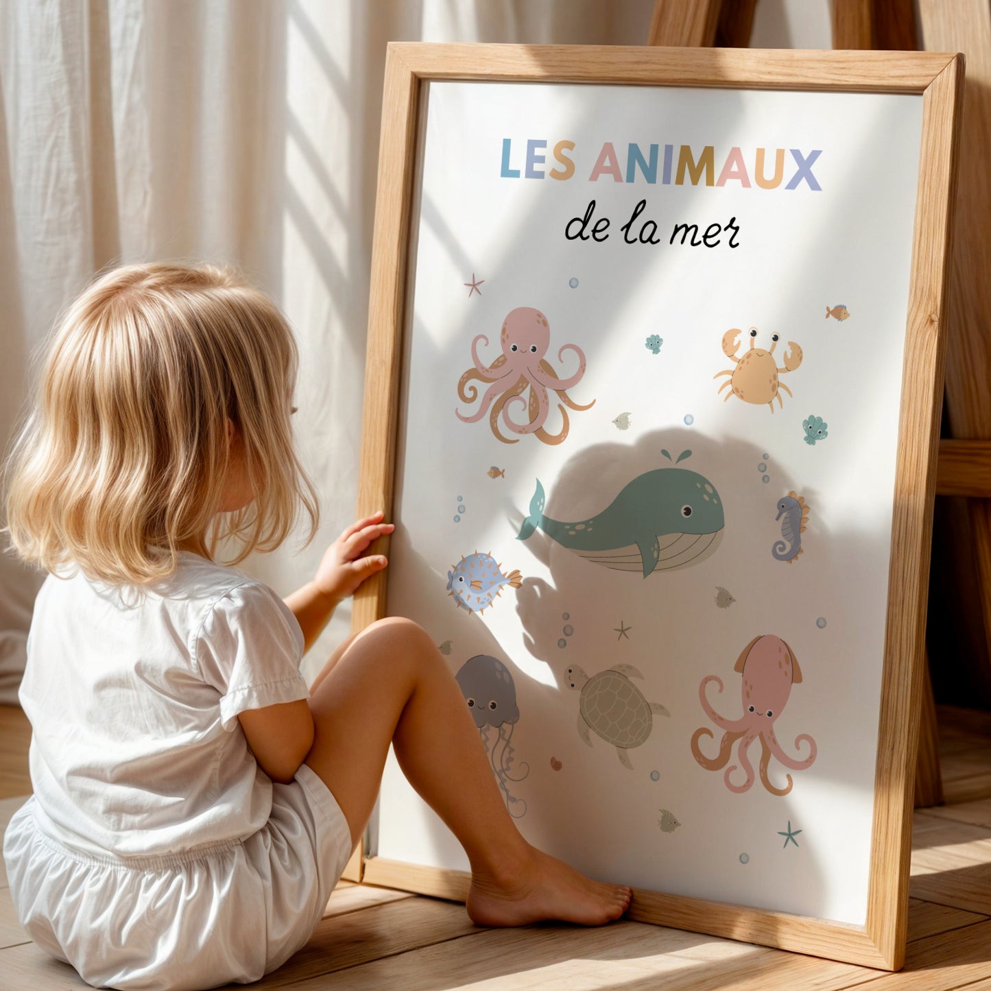 Plongez dans un univers de douceur avec cette affiche personnalisée au thème marin, une création artisanale pensée pour les tout-petits.