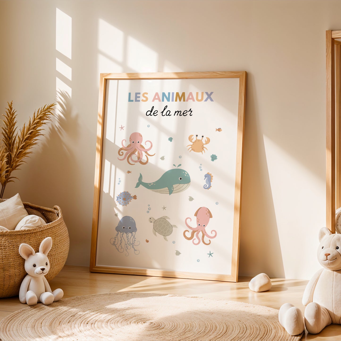 Plongez dans un univers de douceur avec cette affiche personnalisée au thème marin, une création artisanale pensée pour les tout-petits.
