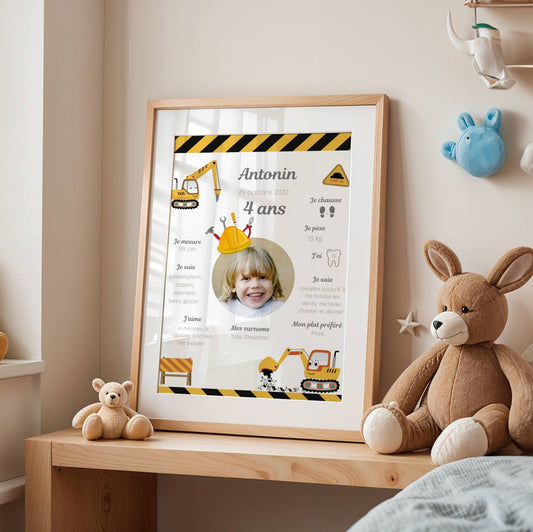 Affiche Anniversaire Enfant Personnalisée Thème Chantier Engins – Poster Étapes 1 An 2 Ans Garçon Cadeau Fête