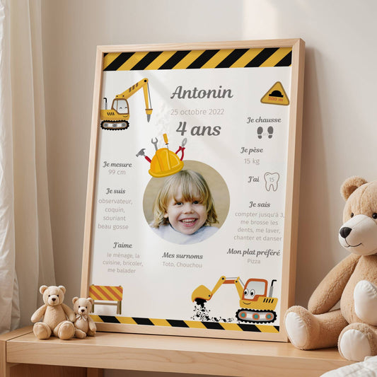 Affiche Anniversaire Enfant Personnalisée Thème Chantier Engins – Poster Étapes 1 An 2 Ans Garçon Cadeau Fête