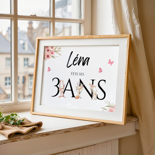 🎉 Affiche  Bienvenue Personnalisée pour Anniversaire Enfant - Thème Animaux de la Forêt 🦊🌸