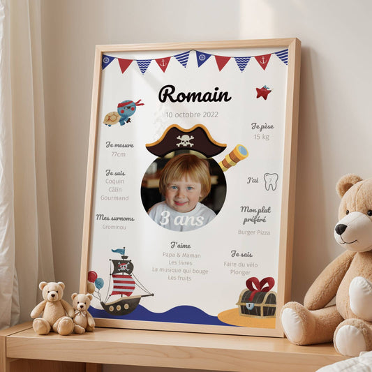 Affiche Anniversaire Enfant Personnalisée Thème Pirate – Poster Étapes 1 An 2 Ans Garçon Cadeau Fête