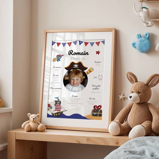 Affiche Anniversaire Enfant Personnalisée Thème Pirate – Poster Étapes 1 An 2 Ans Garçon Cadeau Fête