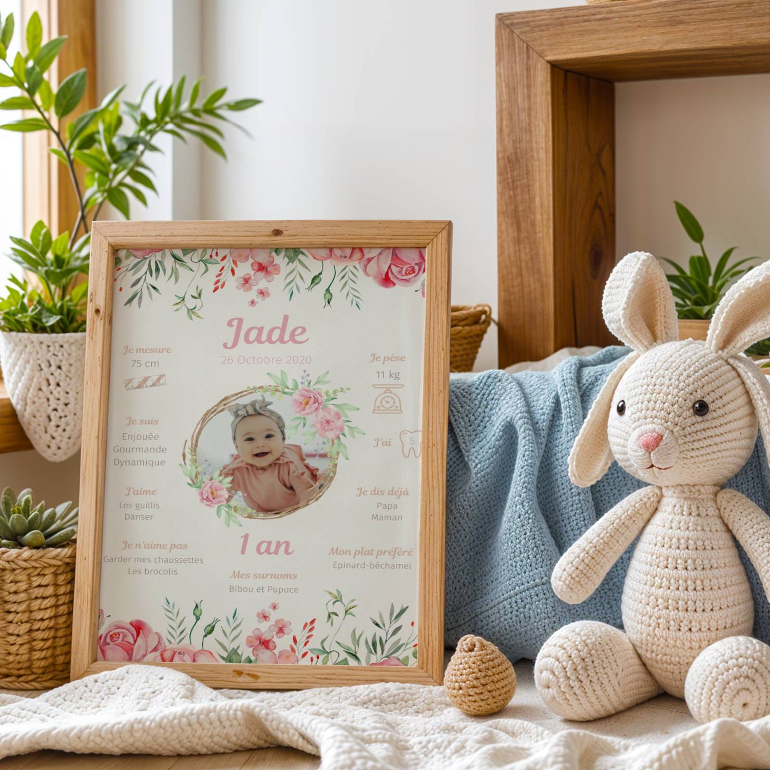 Affiche Anniversaire Fille Personnalisée Thème Fleurs Roses – Poster Étapes 1 An 2 Ans Souvenir Cadeau Fête - Image 3