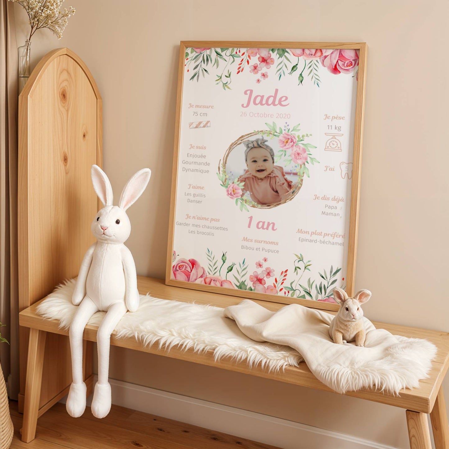 Affiche Anniversaire Fille Personnalisée Thème Fleurs Roses – Poster Étapes 1 An 2 Ans Souvenir Cadeau Fête - Image 4
