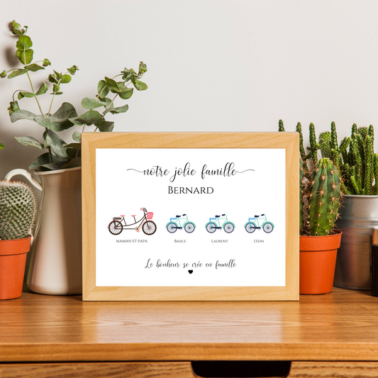 Affiche personnalisée portrait de famille avec vélos - Cadeau original pour toutes les occasions