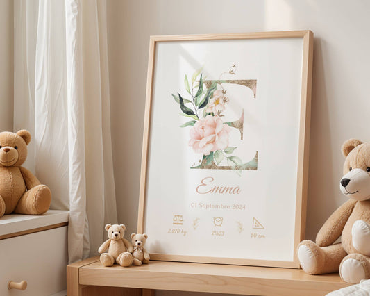 The "Affiche de naissance personnalisée prénom et initiale fleurs rose pastel - décoration chambre fille" with Emma's details and a floral letter “E” sits framed on a wooden table between teddy bears—a perfect cadeau naissance for a cozy nursery.