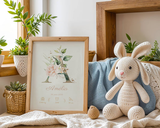 A framed "Affiche de naissance personnalisée prénom et initiale fleurs rose pastel - décoration chambre fille" with the name Amélia and birth details rests on a bed with blue and beige blankets, surrounded by plants and a crocheted bunny in sunlight.