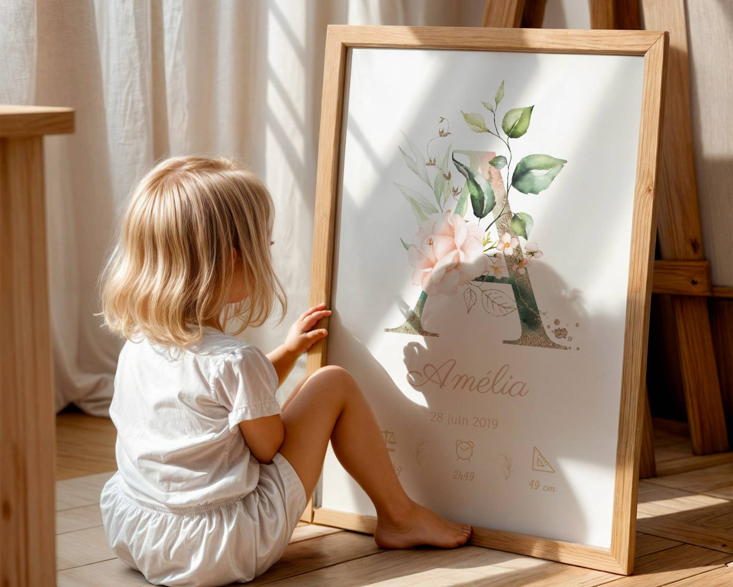 A young blonde-haired child sits on a wooden floor, gazing at an Affiche de naissance personnalisée prénom et initiale fleurs rose pastel, a framed floral birth poster for girls’ rooms, softly lit by natural light.
