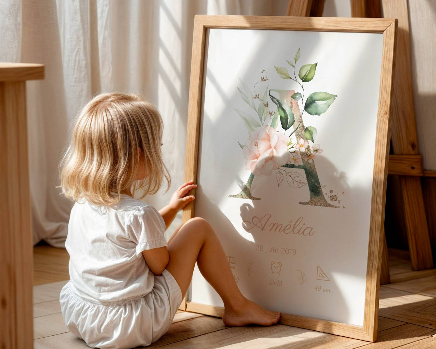 A young blonde-haired child sits on a wooden floor, gazing at an Affiche de naissance personnalisée prénom et initiale fleurs rose pastel, a framed floral birth poster for girls’ rooms, softly lit by natural light.