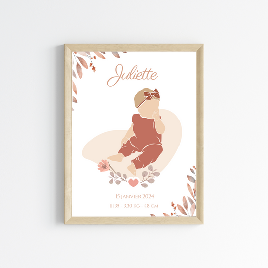 Affiche de naissance personnalisée prénom et silhouette boho abstract - Cadeau de naissance bohème par Le Temps des Paillettes - Le Temps des Paillettes