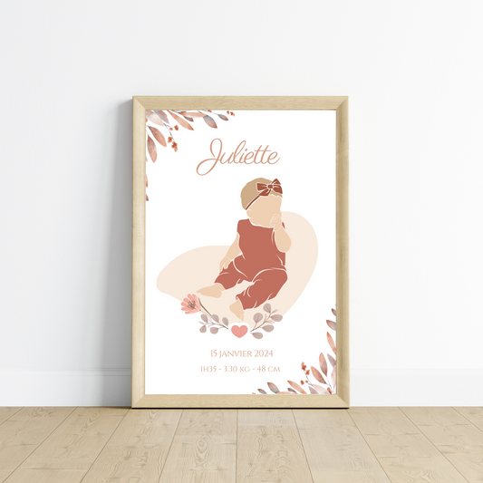 Affiche de naissance personnalisée prénom et silhouette boho abstract - Cadeau de naissance bohème par Le Temps des Paillettes - Le Temps des Paillettes