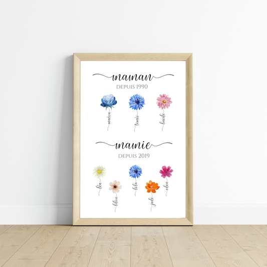 Affiche mamie et fleurs personnalisées - cadeau mamie et petits enfants - Le Temps des Paillettes