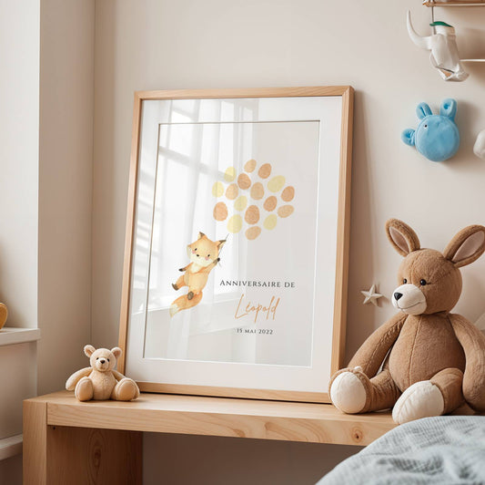 Affiche arbre à empreintes renard et ballon – baptême ou anniversaire personnalisé