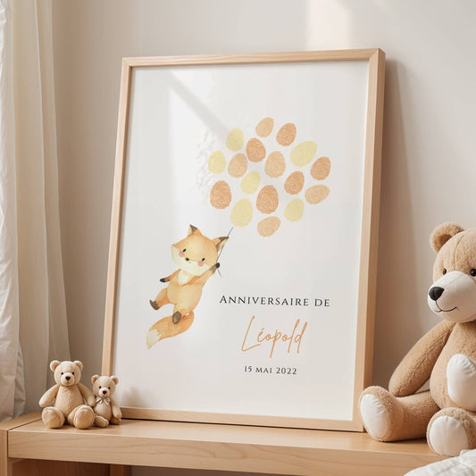 Affiche arbre à empreintes renard et ballon – baptême ou anniversaire personnalisé