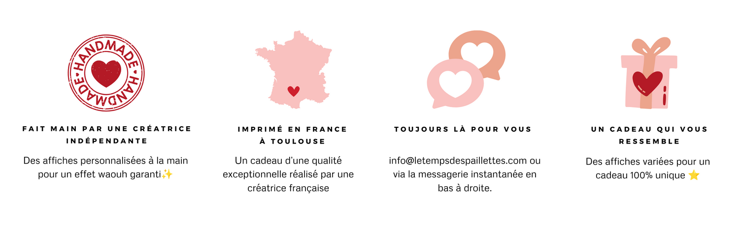  Bandeau de réassurance Le Temps des Paillettes : fait main par une créatrice, fabriqué en France, support client réactif, cadeaux personnalisés unique