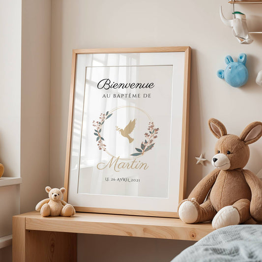 Affiche bienvenue baptême colombe personnalisée – thème religieux prénom & date