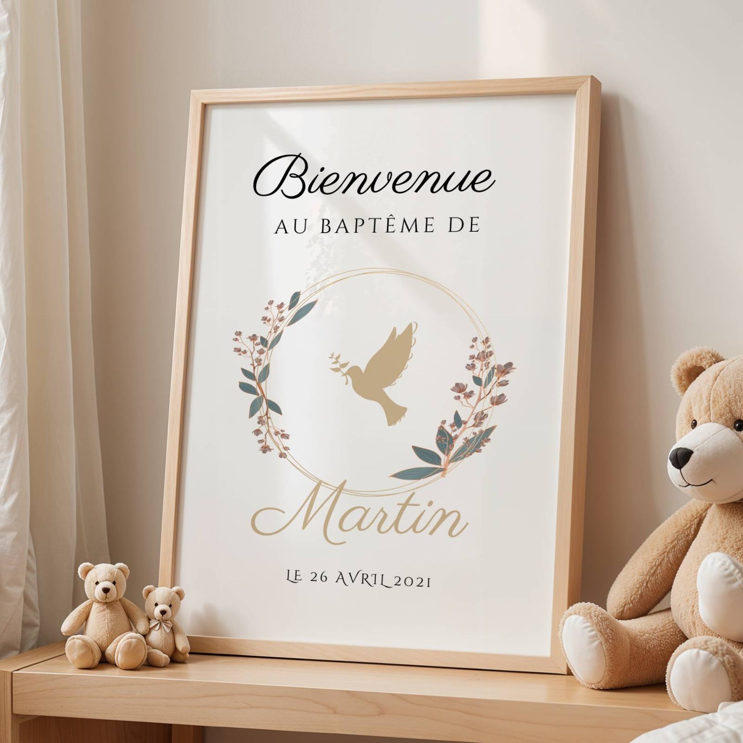 Affiche bienvenue baptême colombe personnalisée – thème religieux prénom & date - Image 3