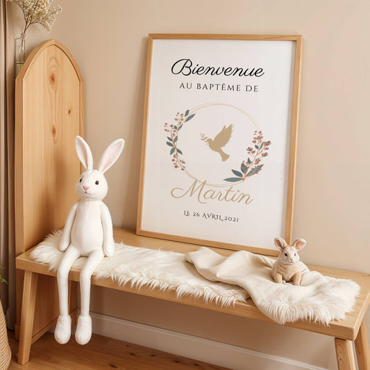 Affiche bienvenue baptême colombe personnalisée – thème religieux prénom & date