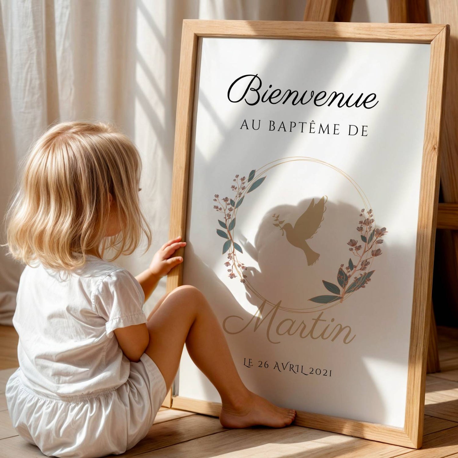 Affiche bienvenue baptême colombe personnalisée – thème religieux prénom & date - Image 5
