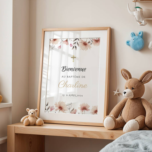 Affiche bienvenue baptême bohème fille personnalisée – thème floral pastel