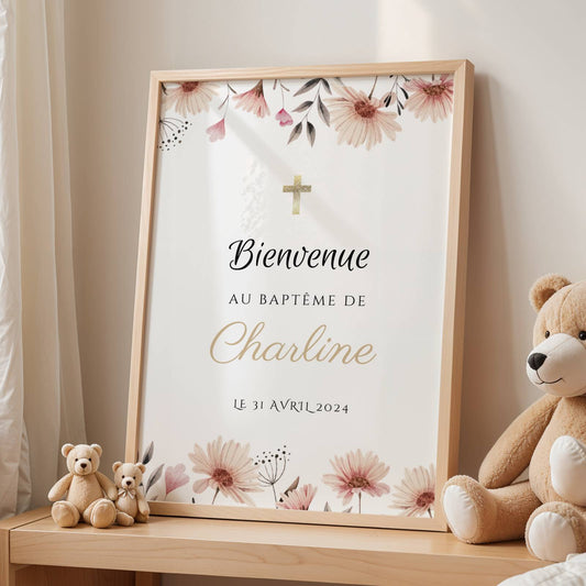 Affiche bienvenue baptême bohème fille personnalisée – thème floral pastel