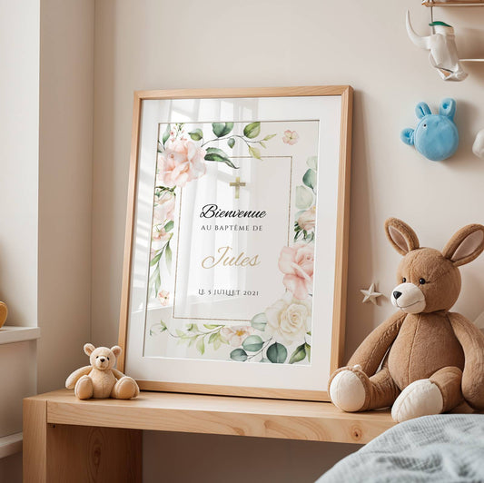Affiche bienvenue baptême fleurs roses et feuillage – décoration cérémonie fille