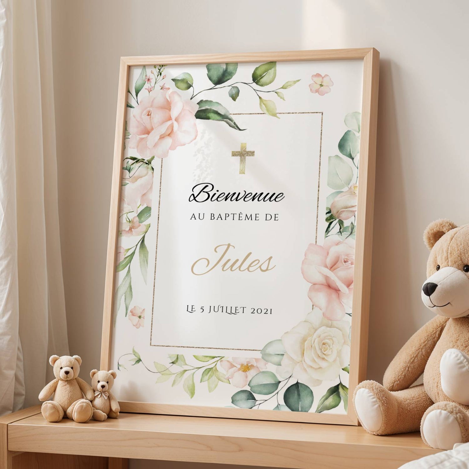 Affiche bienvenue baptême fleurs roses et feuillage – décoration cérémonie fille - Image 3
