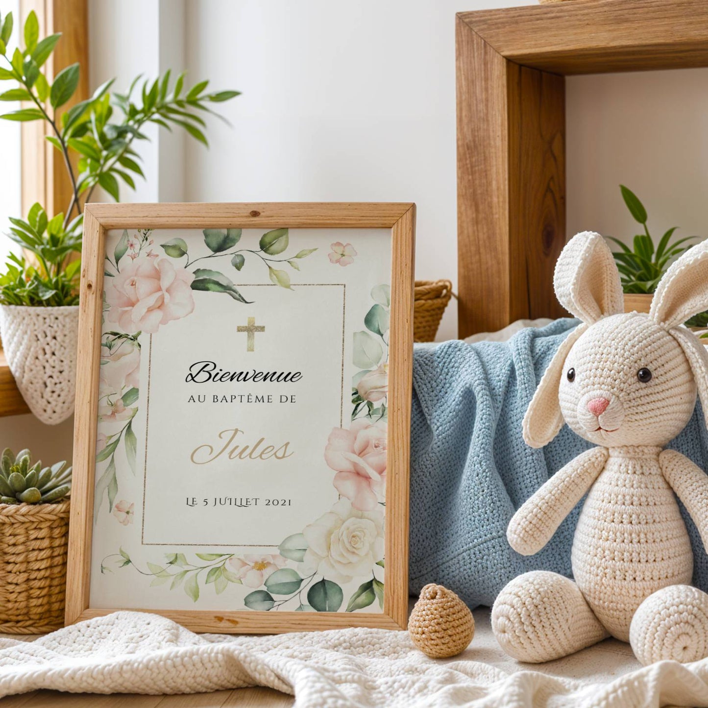 Affiche bienvenue baptême fleurs roses et feuillage – décoration cérémonie fille - Image 4