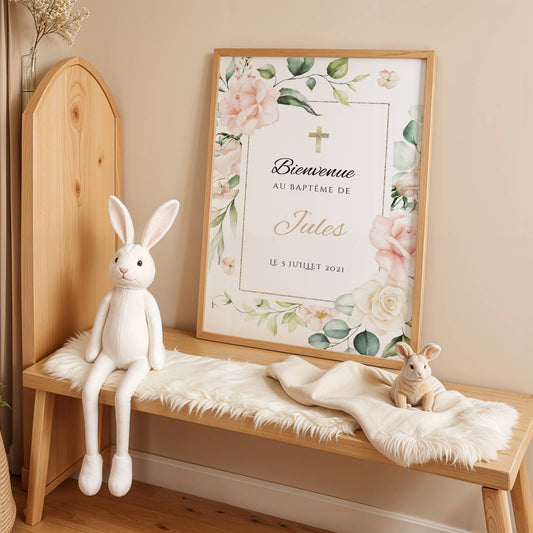 Affiche bienvenue baptême fleurs roses et feuillage – décoration cérémonie fille