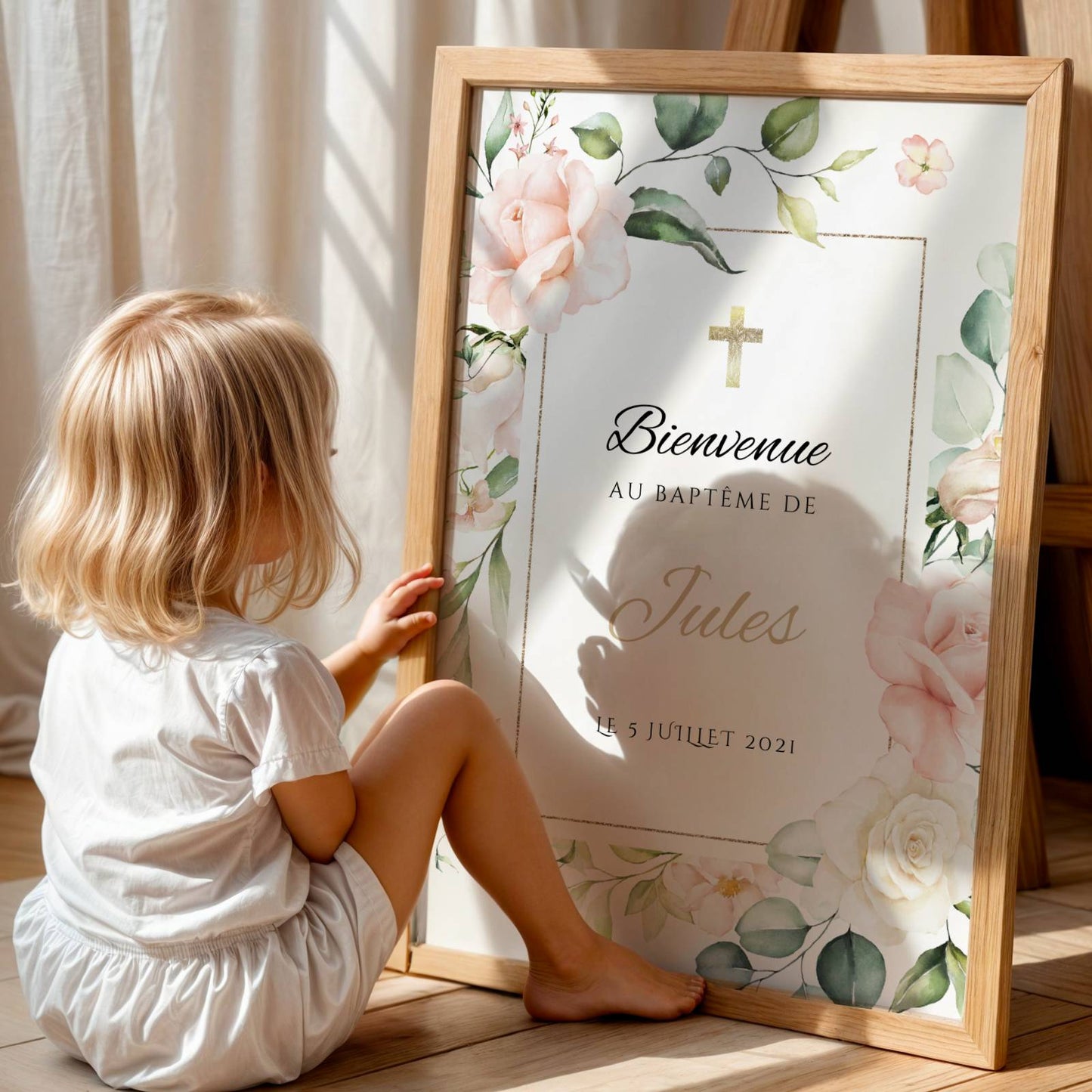Affiche bienvenue baptême fleurs roses et feuillage – décoration cérémonie fille - Image 5