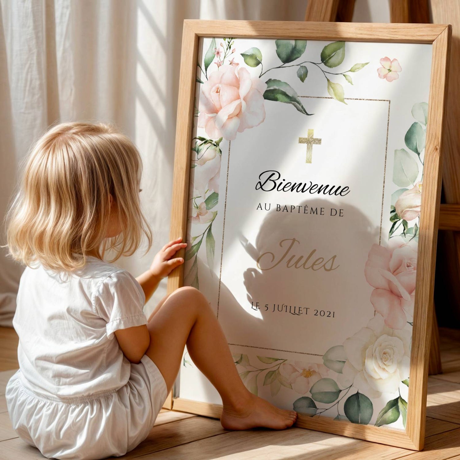 Affiche bienvenue baptême fleurs roses et feuillage – décoration cérémonie fille - Image 5