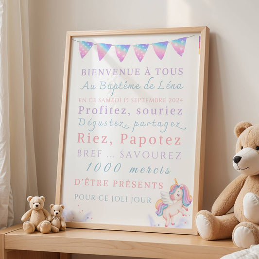 Affiche bienvenue baptême Licorne / anniversaire personnalisée