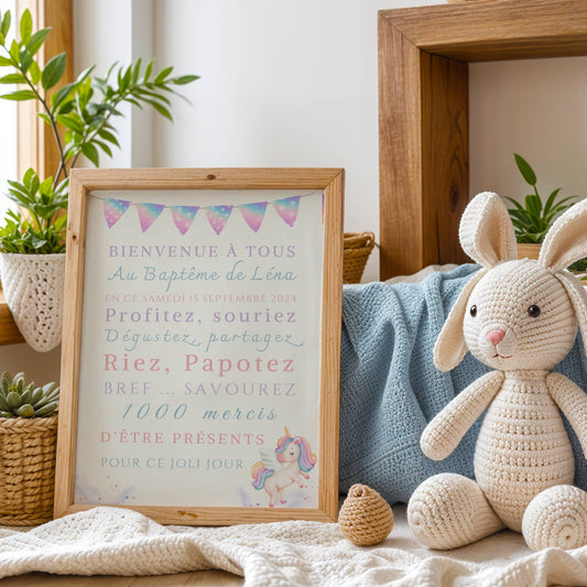 Affiche bienvenue baptême Licorne / anniversaire personnalisée