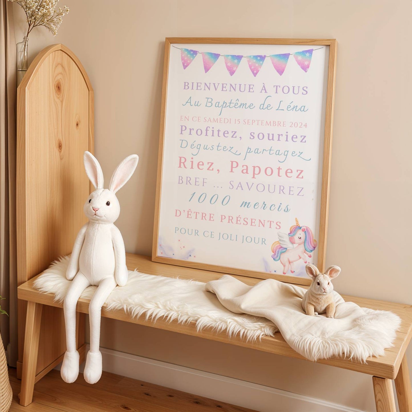 Affiche bienvenue baptême Licorne   / anniversaire personnalisée