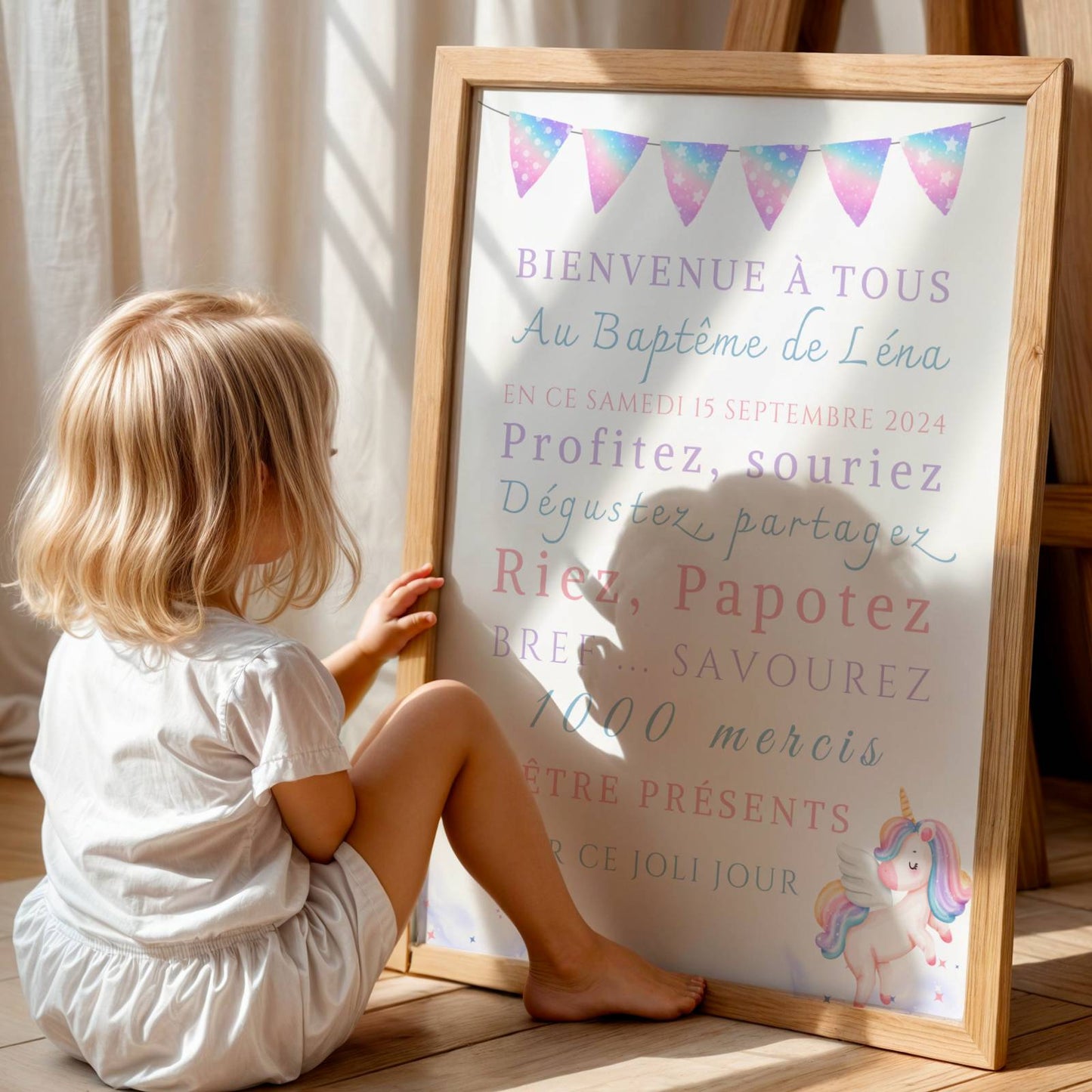 Affiche bienvenue baptême Licorne   / anniversaire personnalisée