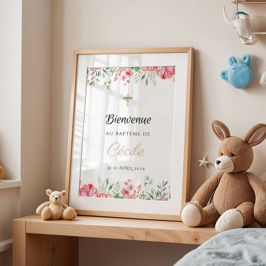 Affiche bienvenue baptême thème rose poudré personnalisée – prénom & message